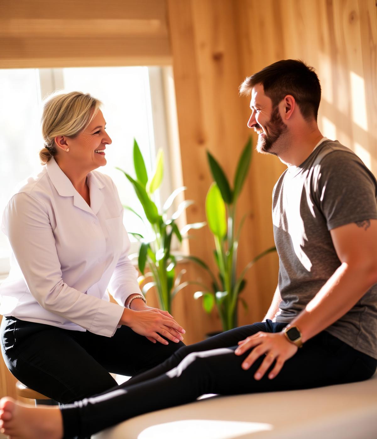 Osteopath chatting warmly with a patient in a sunlit treatment room